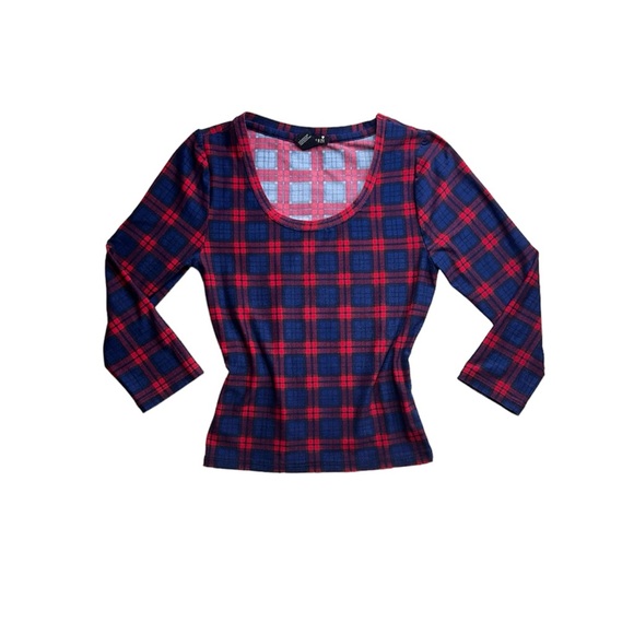 Forever 21 Tops - RED & BLUE PLAID BRACELET-SLEEVE BABY TEE • SIZE S